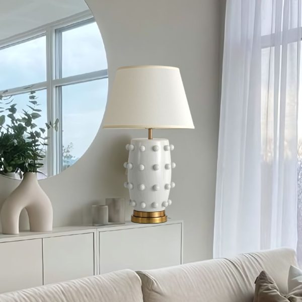 Đèn Bàn Gốm Chấm Bi Chụp Vải Lanh Nghệ Thuật Phong Cách Châu Âu Decor Phòng Khách