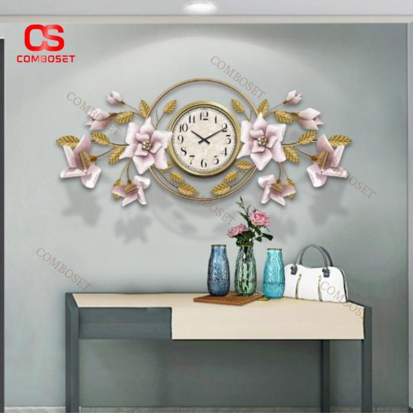 Đông Hồ Treo Tường Hoa Hồng Phong Cách Châu Âu, Đồng Hồ Kim Cổ Điển Decor Phòng Khách